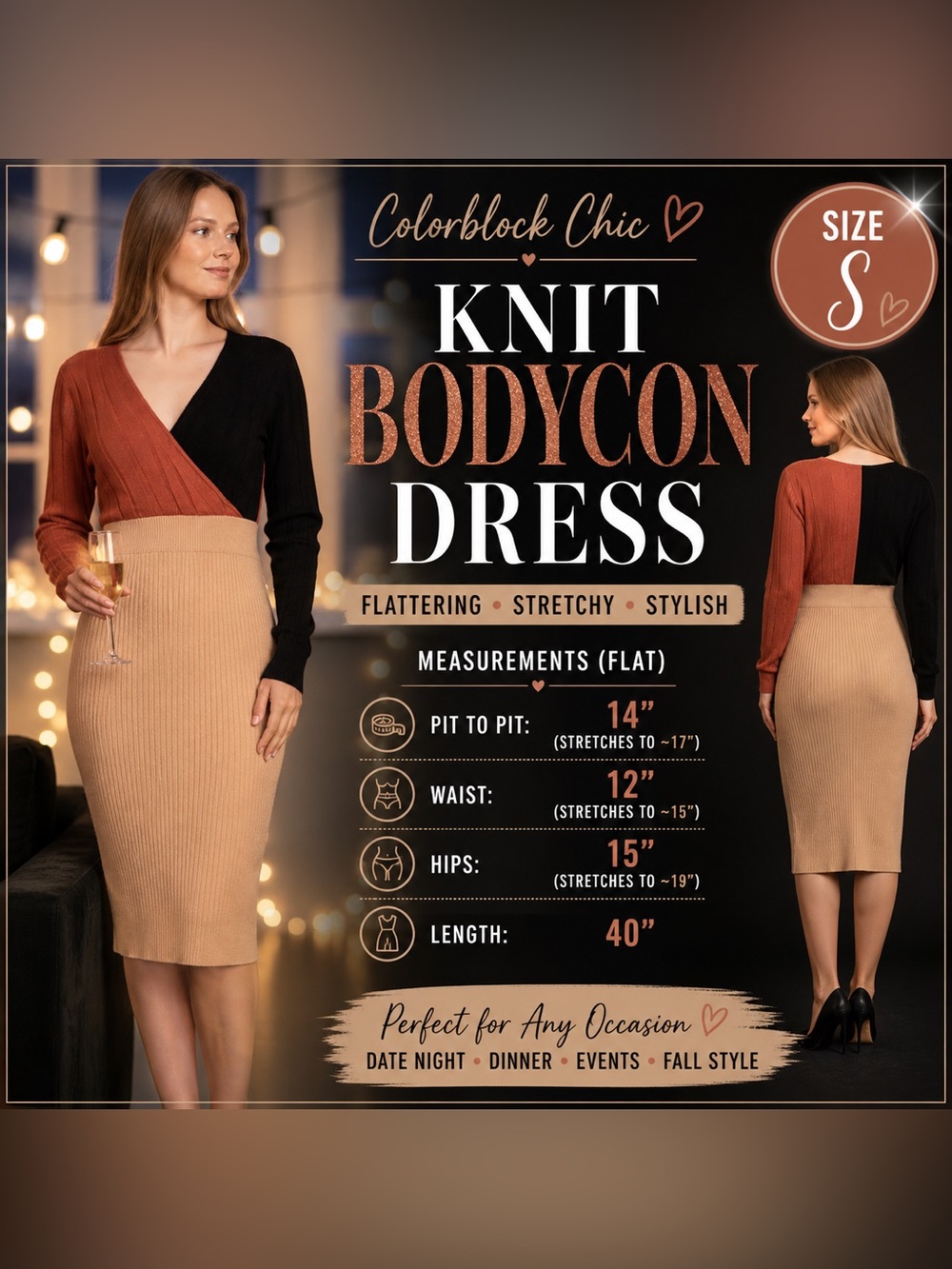 SHEIN Colorblock Knit Bodycon Dress Small Long Sleeve Midi Dress Tan Rust Black
